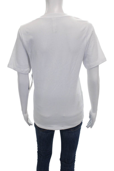 Athleta Women Basic V-Neck Short Sleeve White Polyester T-Shirt Size L