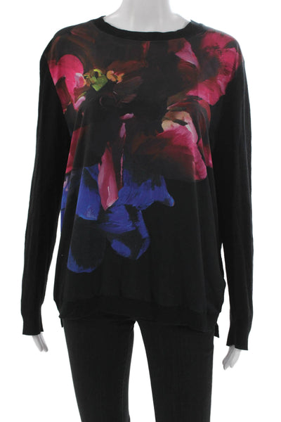 Ted Baker London Women Black Floral Cotton Crewneck Pullover Long Sleeve Size 4