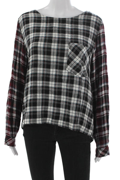 Bella Dahl Women Plaid Rayon Boat Neck Button Long Sleeve Basic Blouse Size M