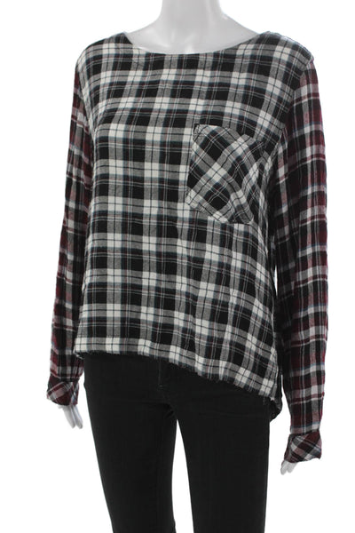Bella Dahl Women Plaid Rayon Boat Neck Button Long Sleeve Basic Blouse Size M