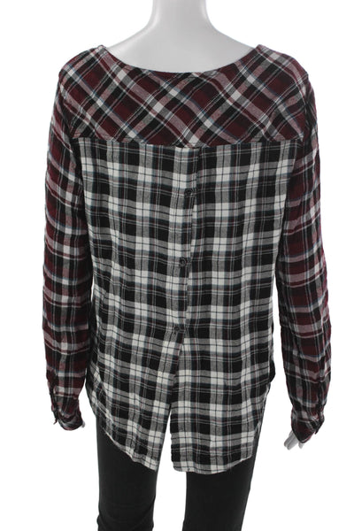 Bella Dahl Women Plaid Rayon Boat Neck Button Long Sleeve Basic Blouse Size M