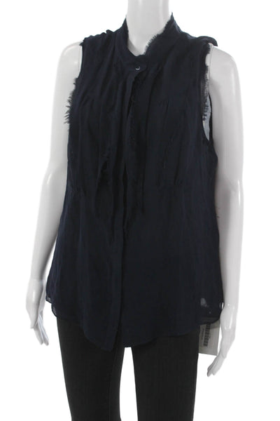 Vince Womens Silk Collared Sleeveless Blouse Blue Button Size 12