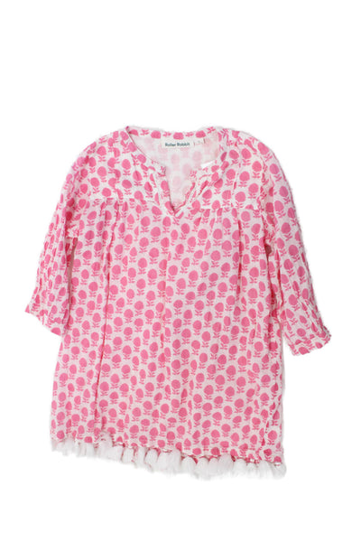Roller Rabbit Girls 3/4 Sleeve V Neck Tassel Trim Floral Dress White Pink Size 6