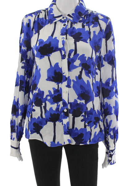 Jason Wu Womens Blue Viscose Collared Floral Button Long Sleeve Blouse Size 0