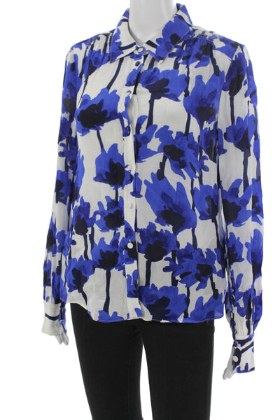 Jason Wu Womens Blue Viscose Collared Floral Button Long Sleeve Blouse Size 0