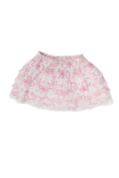 Love Shack Fancy Girls Smocked Tiered Floral Ribbon Skirt White Pink Size 5-6