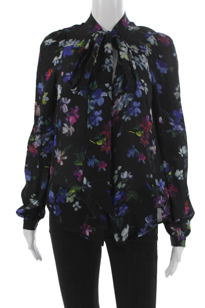 Milly Womens Silk Floral Collared Tie Long Sleeve Blouse Multicolor Size 4