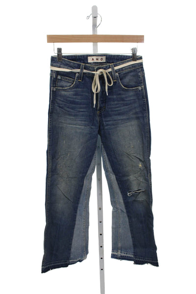 Amo Women Cropped Blue Jeans Cotton Mid Rise Drawstring Inseam 27 Size 26