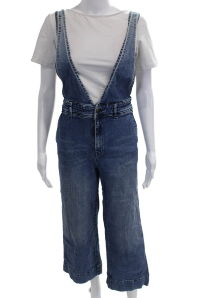 Free People Womens Overall Sleeveless V-Neck Button Cotton Blue Jumpsuit Size 6