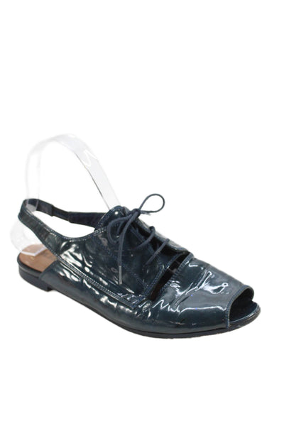 Jil Sander Womens Patent Leather Open Toe Flats Teal Size 39.5 9.5