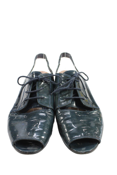 Jil Sander Womens Patent Leather Open Toe Flats Teal Size 39.5 9.5