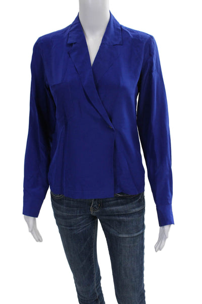 Ellen Tracy Womens Blue V-Neck Long Sleeve Blouse Poly Blend Button Size 4