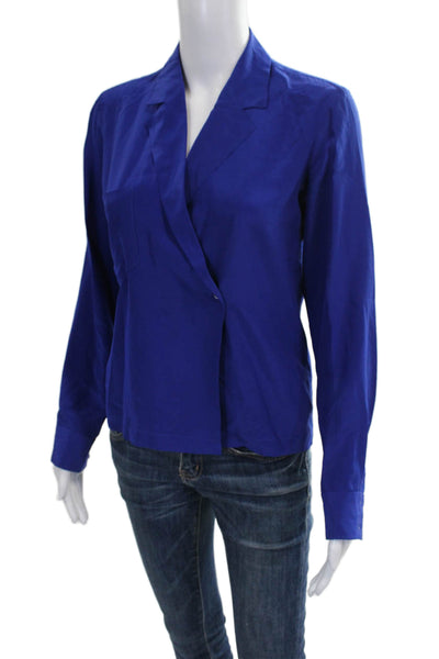 Ellen Tracy Womens Blue V-Neck Long Sleeve Blouse Poly Blend Button Size 4