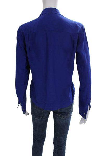 Ellen Tracy Womens Blue V-Neck Long Sleeve Blouse Poly Blend Button Size 4