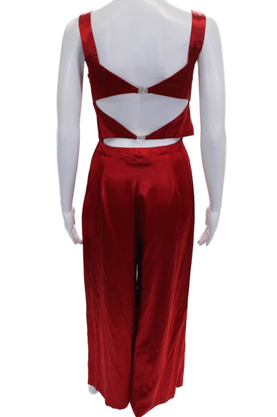 Jessica McClintock Womens Red Satin Cowl Neck Sleeveless Jumpsuit Zip Size S