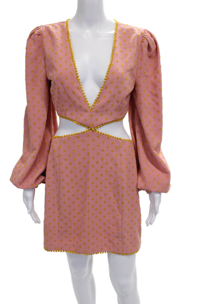 Majorelle Women Mini Polka Dot V-Neck Button Long Sleeve Pink Dress Size M
