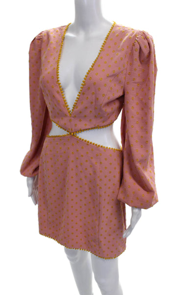 Majorelle Women Mini Polka Dot V-Neck Button Long Sleeve Pink Dress Size M