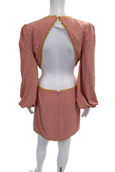 Majorelle Women Mini Polka Dot V-Neck Button Long Sleeve Pink Dress Size M