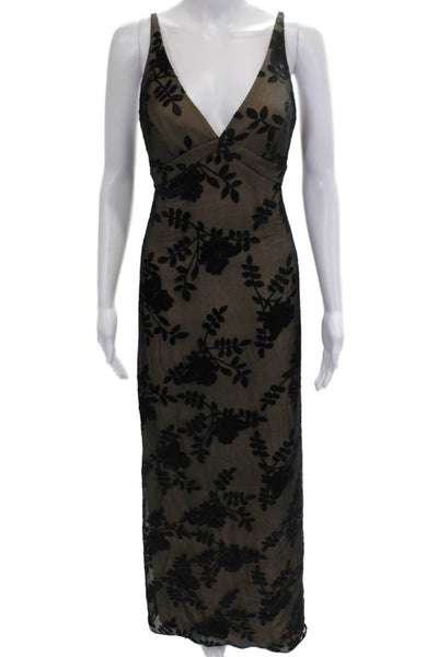 BCBG Max Azria Women Maxi Silk Black Floral V-Neck Dress Size 6