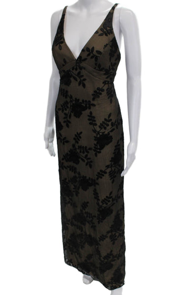 BCBG Max Azria Women Maxi Silk Black Floral V-Neck Dress Size 6