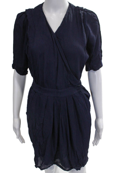 Sessun Women Wrap Dress Blue Cotton V-Neck Short Sleeve Tie Waist Size M