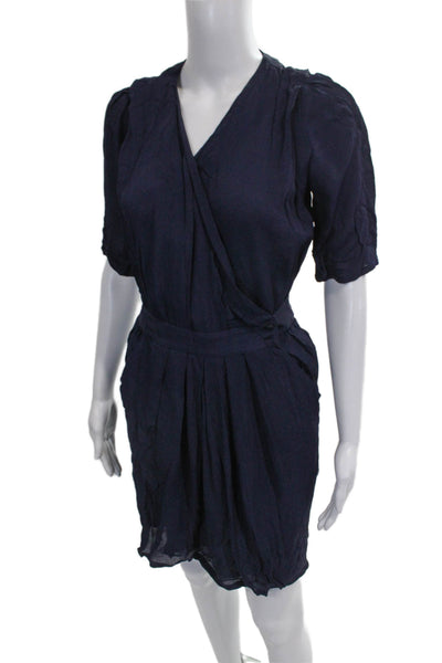 Sessun Women Wrap Dress Blue Cotton V-Neck Short Sleeve Tie Waist Size M