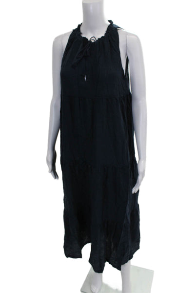 J Crew Women Blue Sundress Halter Cotton Midi Drawstring Size S