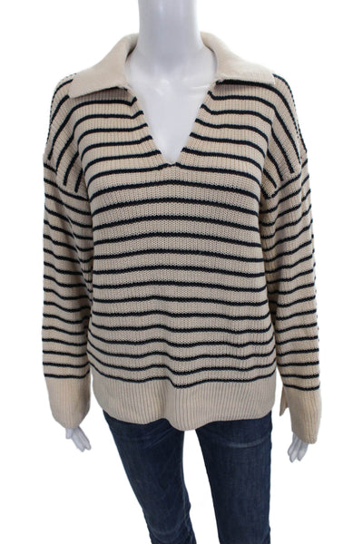 J Crew Women Beige Striped Collared Cotton Pullover Sweater Long Sleeve Size L