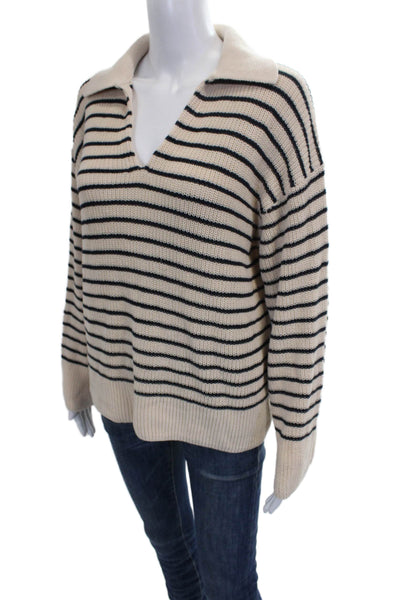 J Crew Women Beige Striped Collared Cotton Pullover Sweater Long Sleeve Size L