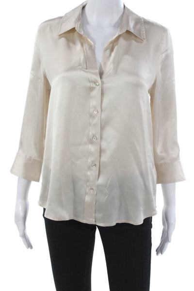 L Agence Women Silk Collared Button Blouse 3/4 Sleeve Ivory Size S