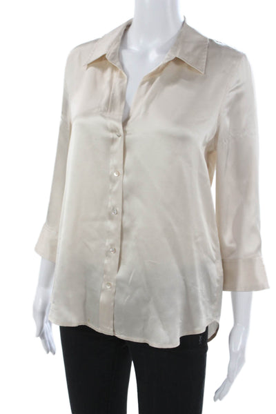 L Agence Women Silk Collared Button Blouse 3/4 Sleeve Ivory Size S