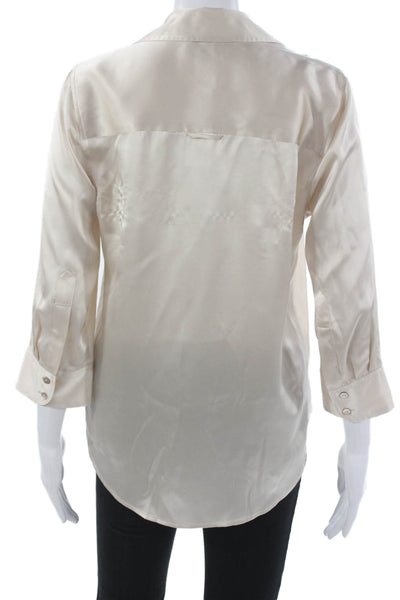 L Agence Women Silk Collared Button Blouse 3/4 Sleeve Ivory Size S