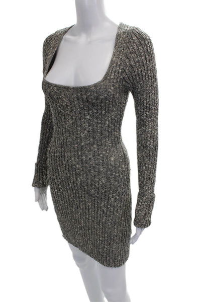 Rumored Women Bodycon Gray Cotton Square Neck Short Long Sleeve Dress Size S