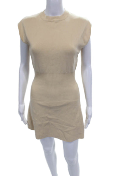 Zara Womens Sweater Dress Beige Cotton Short Sleeve Crew Neck Size S
