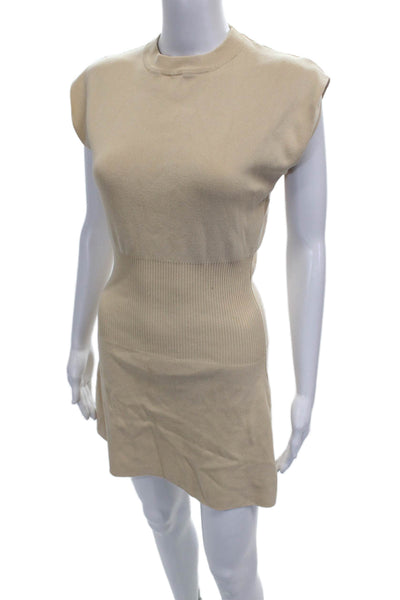 Zara Womens Sweater Dress Beige Cotton Short Sleeve Crew Neck Size S
