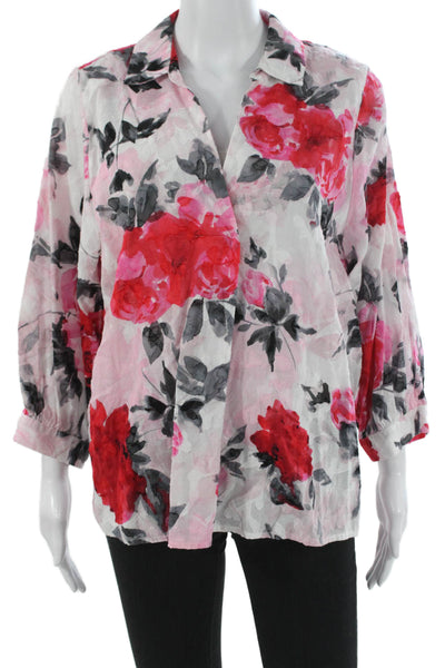 Karl Lagerfeld Womens Floral Cotton Collared Button Blouse 3/4 Sleeve Size L