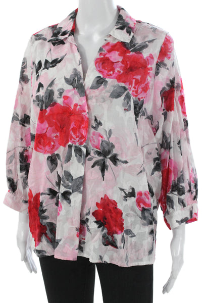 Karl Lagerfeld Womens Floral Cotton Collared Button Blouse 3/4 Sleeve Size L