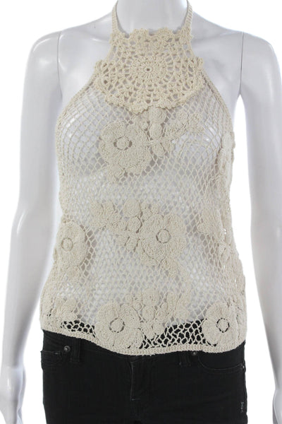 Zara Women Cropped Halter Floral Cotton Tank Ivory Sleeveless Size S