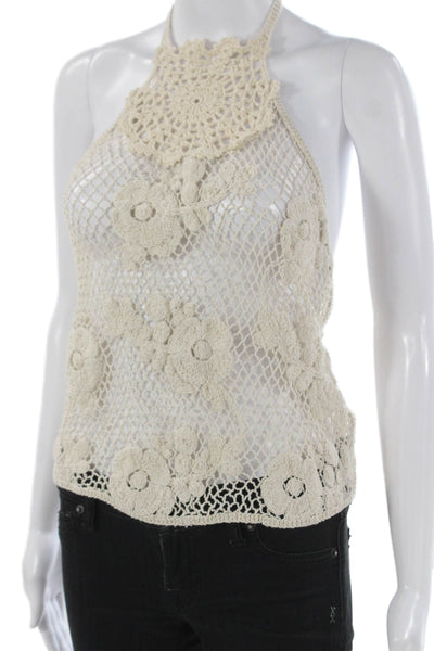 Zara Women Cropped Halter Floral Cotton Tank Ivory Sleeveless Size S