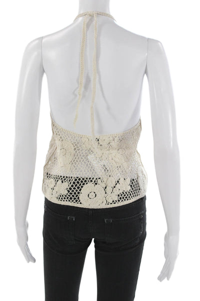 Zara Women Cropped Halter Floral Cotton Tank Ivory Sleeveless Size S