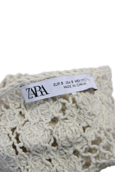 Zara Women Cropped Halter Floral Cotton Tank Ivory Sleeveless Size S