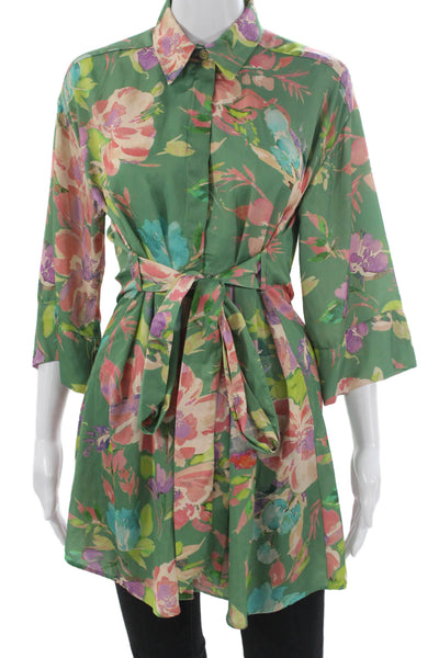 Zara Women Shirt Dress Green Floral Collared Polyester 3/4 Sleeve Size XS