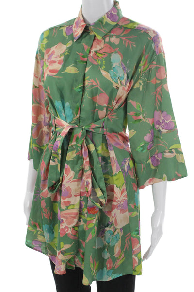 Zara Women Shirt Dress Green Floral Collared Polyester 3/4 Sleeve Size XS