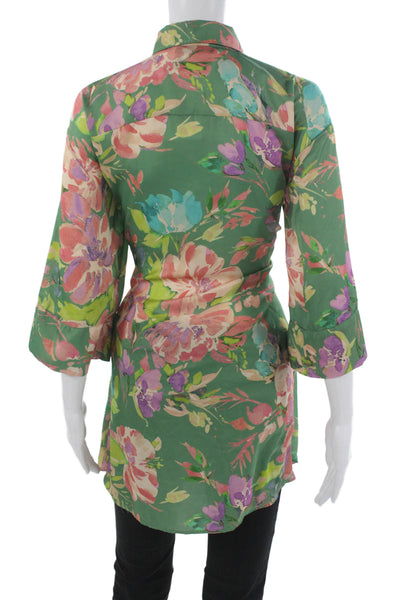 Zara Women Shirt Dress Green Floral Collared Polyester 3/4 Sleeve Size XS