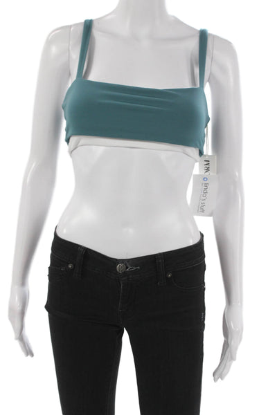 FORM Womens Square Neck Stretch Knit Layered Sports Bra Teal White Size Small