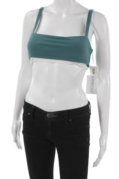 FORM Womens Square Neck Stretch Knit Layered Sports Bra Teal White Size Small
