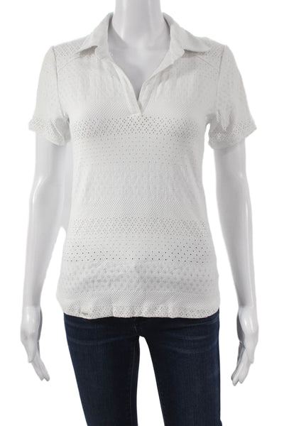 L'etoile Women Polo Collared Short Sleeve White Geometric Polyamide Size M