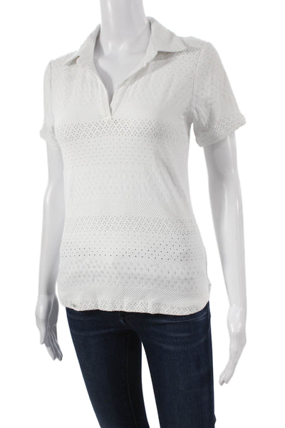 L'etoile Women Polo Collared Short Sleeve White Geometric Polyamide Size M