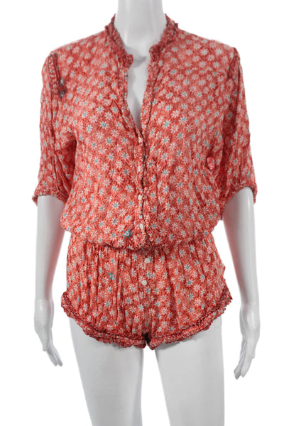 Poupette St. Barth Women Floral V-Neck Viscose Romper Button 3/4 Sleeve Size XS