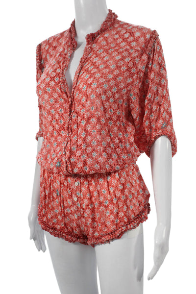 Poupette St. Barth Women Floral V-Neck Viscose Romper Button 3/4 Sleeve Size XS